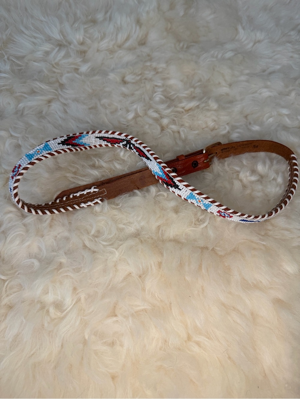 Beaded Leather Women's Belt in White, Blue and Brown